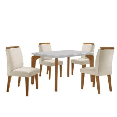 Imagem de Conjunto Mesa Liz 120cm Com Vidro 4 Cadeiras Athenas Moderna Veludo Creme Off White Imbuia