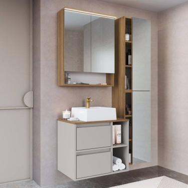 Imagem de Conjunto Gabinete para Banheiro Suspenso 96cm com 4 Peças Iluminação em Led e Cuba Mel/Arenas