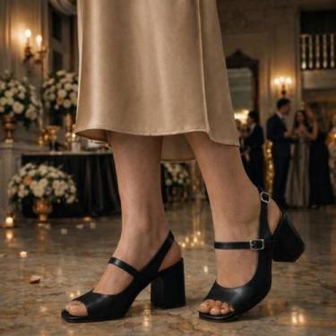 Imagem de Sandália Feminina Salto Quadrado Bloco Grosso Slingback - LAZZLU, Pret