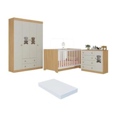 Imagem de Quarto De Bebê Completo Com Berço Americano 3x1 Colchão Teddy Multimóv