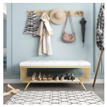 Imagem de Prateleira de sapatos, banco de sapateira para entrada, banco de armazenamento de sapatos de 2 níveis com almofada, banco de entrada com sapateiras de metal sapateira empilhável (cor: branco, tamanho: