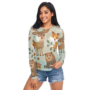Imagem de Camiseta feminina de malha transparente com estampa de animais da floresta e manga longa, Personagem da vida selvagem, animais da floresta, P