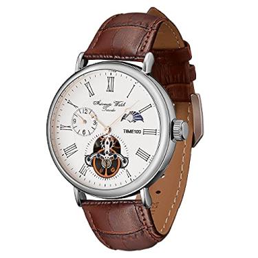 Imagem de TIME100 Relógio automático masculino de aço inoxidável com pulseira de couro Navigator-Series Tourbillon-Style preto e branco, Bronze,