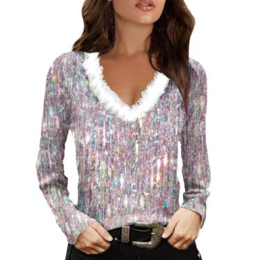 Imagem de Elogoog Blusa feminina de lantejoulas brilhantes com decote em V brilhante brilhante para balada, blusa fina para coquetel, túnicas de festa, Laranja, XXG