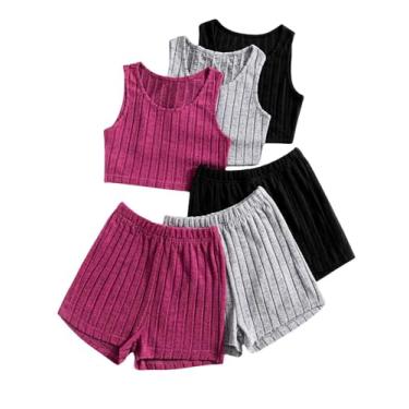 Imagem de Milumia 3 conjuntos de camisetas femininas de malha canelada gola redonda e shorts de verão, Preto, cinza, roxo, 11Y