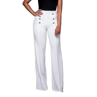 Imagem de Calça feminina flare plus size cintura alta calças de verão jeans de algodão calças de corrida confortáveis, Branco, GG