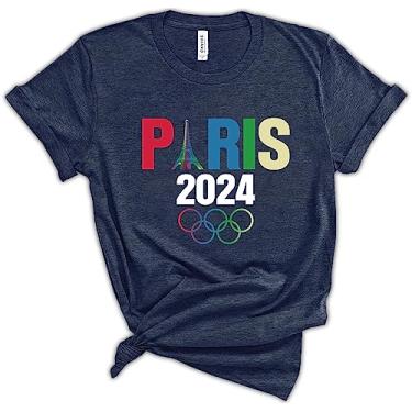 Imagem de Camiseta de manga curta unissex para adultos da Torre Eiffel da França, camiseta dos Jogos Olímpicos de Paris 2024, presente dos Jogos Esportivos de Verão de Paris EUA, Azul-marinho mesclado, M