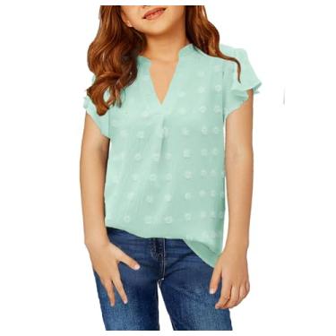 Imagem de AEJENNIO Camisetas para meninas, manga curta, chiffon, blusas de bolinhas suíças, camisetas com gola V, tamanho 9-14 anos, Verde, 13 Anos
