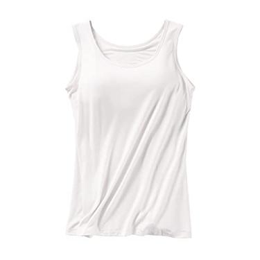 Imagem de Camisetas femininas com sutiã embutido 2024 verão algodão alças finas regatas básicas respiráveis, Branco, GG