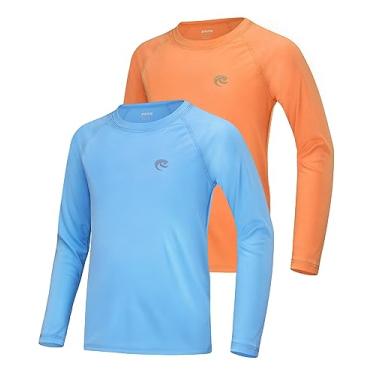 Imagem de DRONIRING Camisa de pesca para meninos FPS 50+ com bolso/sem bolso - Camiseta infantil FPS UV com proteção solar Rash Guard manga comprida, Pacote com 2: azul médio + laranja brilhante, XXG