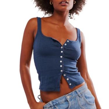 Imagem de Lairauiy Camisetas femininas de cor sólida, botões, sem mangas, costas nuas, coletes de verão, streetwear, Azul, G