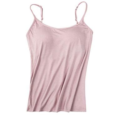 Imagem de Camiseta feminina com sutiã embutido de algodão ajustável alças finas básicas acolchoadas e elásticas, rosa, G