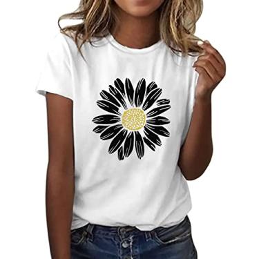 Imagem de Duobla Camiseta feminina de verão com estampa de flores fofas, soltas, gola redonda, manga curta, casual, blusa 2024 fashion, A-2-branco, XXG