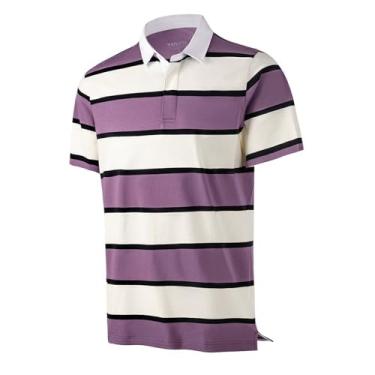 Imagem de VANLYTK Camisas polo masculinas listradas, manga curta, algodão, piquê, casual, rúgbi, gola seca, camisas de golfe masculinas, Bege e roxo listrado, XXG
