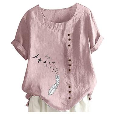 Imagem de Camiseta feminina casual de linho e algodão, vintage, manga curta, plus size, estampa de penas, caimento solto, tamanho grande, Rosa, G