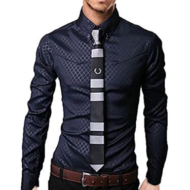 Imagem de Camisa social masculina clássica elegante xadrez manga comprida slim fit, Dark Blue, US/EU XS (Asian M)