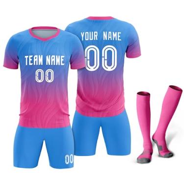 Imagem de Camisetas de futebol personalizadas com logotipo de número de nome masculino feminino infantil camisas de futebol personalizadas uniformes de equipe camiseta juvenil, Azul/Rosa/Gradiente 6, One Size