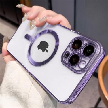 Imagem de Capa de carregador magnético sem fio transparente com revestimento de luxo para iPhone15 14 13 12 11 Pro Max X XR XS 7 8 Plus Capa de silicone, roxa, para iPhone 15 ProMax