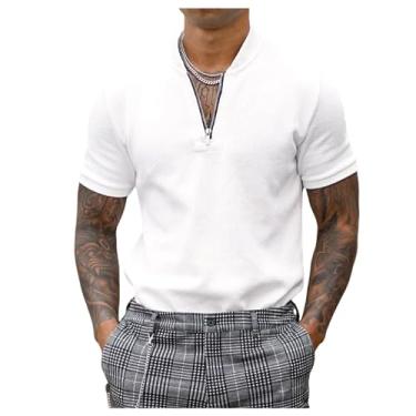 Imagem de Camisa polo masculina elástica fresca solta manga curta gola V respirável camisa de golfe de secagem rápida, Branco, G