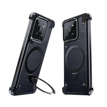 Imagem de Capa de celular magnética sem moldura de liga de alumínio com suporte para Xiaomi 14 14 Pro Capa de celular sem moldura, couro preto, para Xiaomi 14 Pro