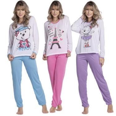 Imagem de Kit 3 Pijamas Longo Malha Estampado Feminino Inverno Blusa e Calça - B