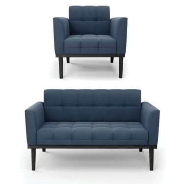 Imagem de Sofá Namoradeira E Poltrona Base De Madeira Preto Elisa Suede D03 - D`rossi Cor Azul Marinho