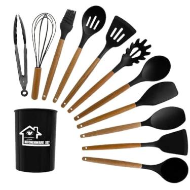 Imagem de Generic Conjunto de utensílios de cozinha de silicone, 12 peças, colheres, espátulas, pinças (preto), KU002