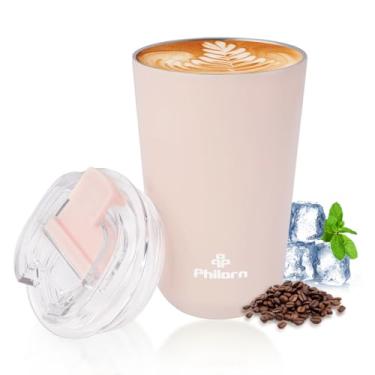 Imagem de PHILORN Copo de café rosa - Caneca de café isolada de 350 ml com tampa, copo térmico à prova de vazamento para bebidas quentes e geladas, copo rosa a vácuo de aço inoxidável com parede dupla..