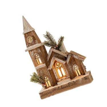 Imagem de Amagogo Igreja de madeira iluminada de Natal em miniatura 44x25cm enfeite de mesa para escritório