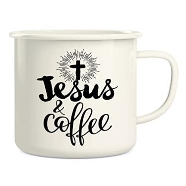 Imagem de Retreez Jesus and Coffee Caneca de café cristã religiosa 473 ml esmaltada de aço inoxidável para acampamento fogueira - presente de aniversário inspirador de sarcasmo engraçado para amigos, colegas de