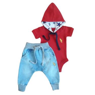 Imagem de Kit  Bebê 2 Peças Sendo 1 Body Suedine com Capuz e 1 Calça Jeans - Pat