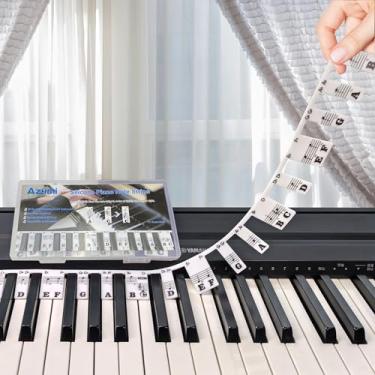 Imagem de Azymi Etiquetas removíveis de notas de teclado de piano, letras de piano para teclas 88/76/61/54/49/37, tiras de silicone reutilizáveis, letras pretas grandes em negrito para crianças iniciantes