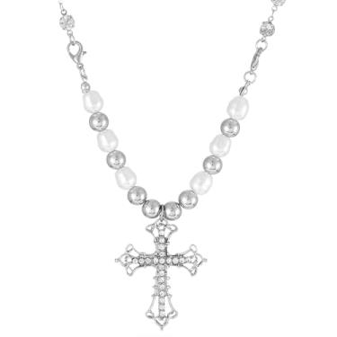 Imagem de Colar feminino de cruz com contas de pérola de zircão, pingente de crucifixo de cristal cintilante, pérolas barrocas, contas redondas, presentes de fé para batismo, Large, Liga de aço, Sem Pedra
