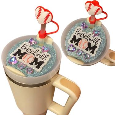 Imagem de Cute Sports Baseball Mom Charm For Stanley Cup Accessories Copo de 40/850.5 g com tampa de palha de silicone e placa de tampa para mulheres (azul-branco, 1,134 g)