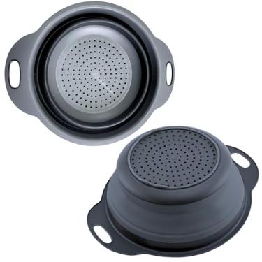 Imagem de Escorredor dobrável de silicone redondo preto coador de cozinha redondo de silicone com alças de plástico pequeno coador de cozinha dobrável