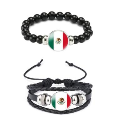 Imagem de Ykonuyis Pulseira de corda elástica de metal com contas pretas e pulseira de corda trançada de couro de liga para homens e mulheres apoia o seu país, Medium, Zinco, Vidro