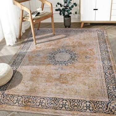 Imagem de DECOMALL Tapetes laváveis Maila 5 x 7, tapete persa tradicional com suporte de borracha, tapete de área oriental macio para sala de estar quarto sala de jantar, 1,5 x 2,1 m, laranja