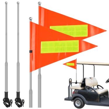 Imagem de Hicarer 2 conjuntos de kit de mastro de bandeira refletivo de carrinho de golfe acessórios de suporte de bandeira laranja suporte de segurança com listras refletivas altura ajustável mastro cadeiras