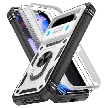 Imagem de Capa para Google Pixel 9 Pro XL com 2 peças, capa para Pixel 9 Pro XL embutida em anel giratório de 360°, capa protetora de nível militar para celular Google 9 Pro XL, branco + preto