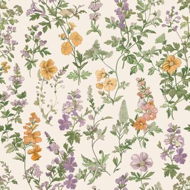 Imagem de VEELIKE Papel de parede floral bege vintage para quarto berçário banheiro 48 cm x 38 cm papel de parede botânico removível pré-colado mural papel de contato para gavetas de armários