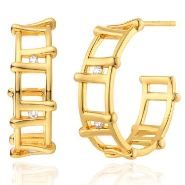 Imagem de BENEIGE Brincos de argola femininos de argola aberta em forma de C banhado a ouro 14 K Boho praia simples delicado feito à mão hipoalergênico diário joias, Latão, Zircônia cúbica