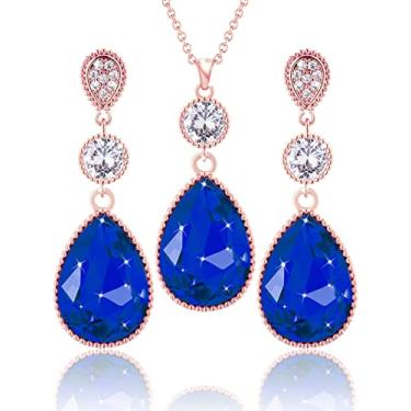 Imagem de Qinpan 18 * 13 mm pingente de cristal gota gota pingente pingente colar e brincos conjunto de joias para mulheres fantasia banhado a ouro, 38*14.5mm, Ouro rosa, Safira