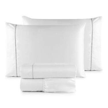 Imagem de Jogo de Lençol Roupa de Cama Casal Percal 400 Fios Ponto Palito 04 Peç