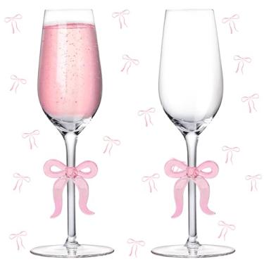 Imagem de FYSUIMU Conjunto de 2 taças de champanhe com laço rosa, taças de champanhe, taças de vinho de vidro transparente para casa, bar, casamento, chá de noiva, despedida de solteira