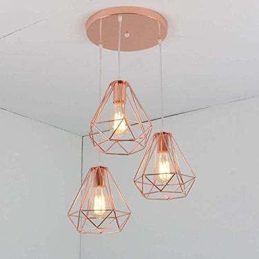 Imagem de NQBY Abajur pendente de luz de teto moderno E27 forma de diamante ferro retro ouro rosa luz de teto iluminação decorativa para quarto cozinha sala de estar (suporte de círculo 20