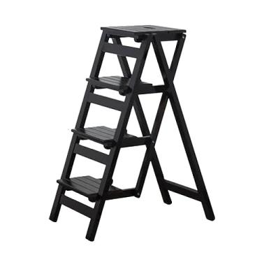 Imagem de Escada dobrável para adultos/escadas/suporte de plantas, banquinho de madeira portátil dobrável em 4 degraus, antiderrapante e leve, banco dobrável com capacidade de 150 kg (preto)