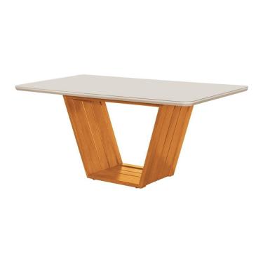 Imagem de Mesa De Jantar Safira Tampo 1,60x90 Mdf-vidro Para 6 Lugares Pés Madeira Maciça Mel-offwhite
