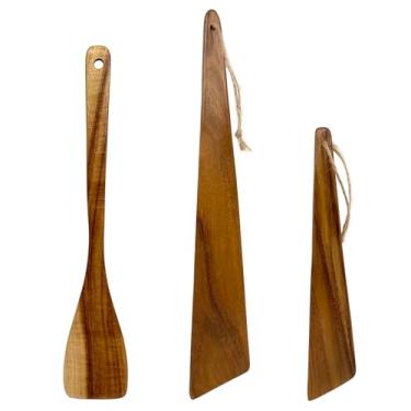Imagem de UPTALY 1 espátula fina de madeira para omelete (27 cm), 2 raspadores angulares de cozinha (30 cm, 22 cm), madeira de acácia, espátula de madeira pequena, ovos fritos, para frigideira e frigideira (B3)