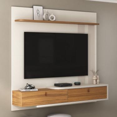 Imagem de Painel para Tv de 65 Polegadas e com Detalhe Canelado e Cantos Arredondados Off White/Freijó