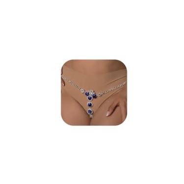 Imagem de Calcinha fio dental sexy de cristal azul brilhante joias verão coração vermelho corrente de cristal tanga ajustável strass fio dental festival rave cintura barriga corpo corrente joias para mulheres,
